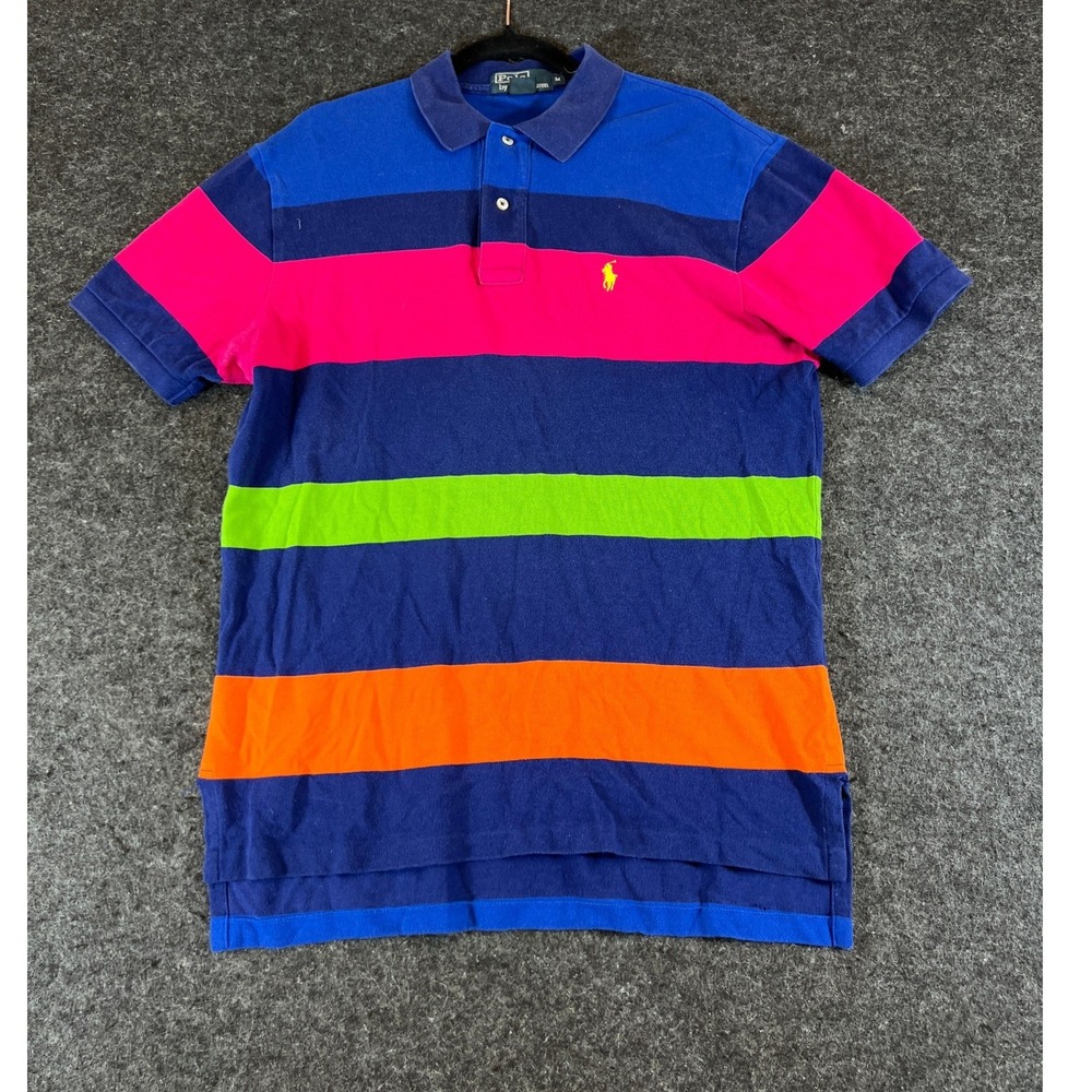 Vintage 90s Polo Ralph Lauren Multi Color Striped Polo Shirt Mens M Blue Pink